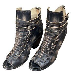 FREEBIRD Eagle Distressed Leather Open Toe Bootie Black Sz 8